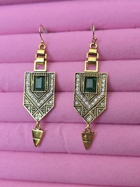 Gold-Tone Green Crystal Art Deco Drop Earrings